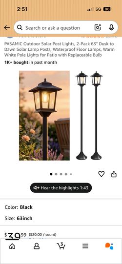 PASAMIC Outdoor Solar Post Lights, 2-Pack 63" Dusk to Dawn Solar Lamp Posts, Waterproof Floor Lamps, Warm White Pole Lights for Patio with Replaceable