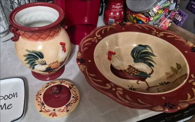 Rooster Ceramic Kitchen Set - Canister, Large Bowl, and Spoon Rest