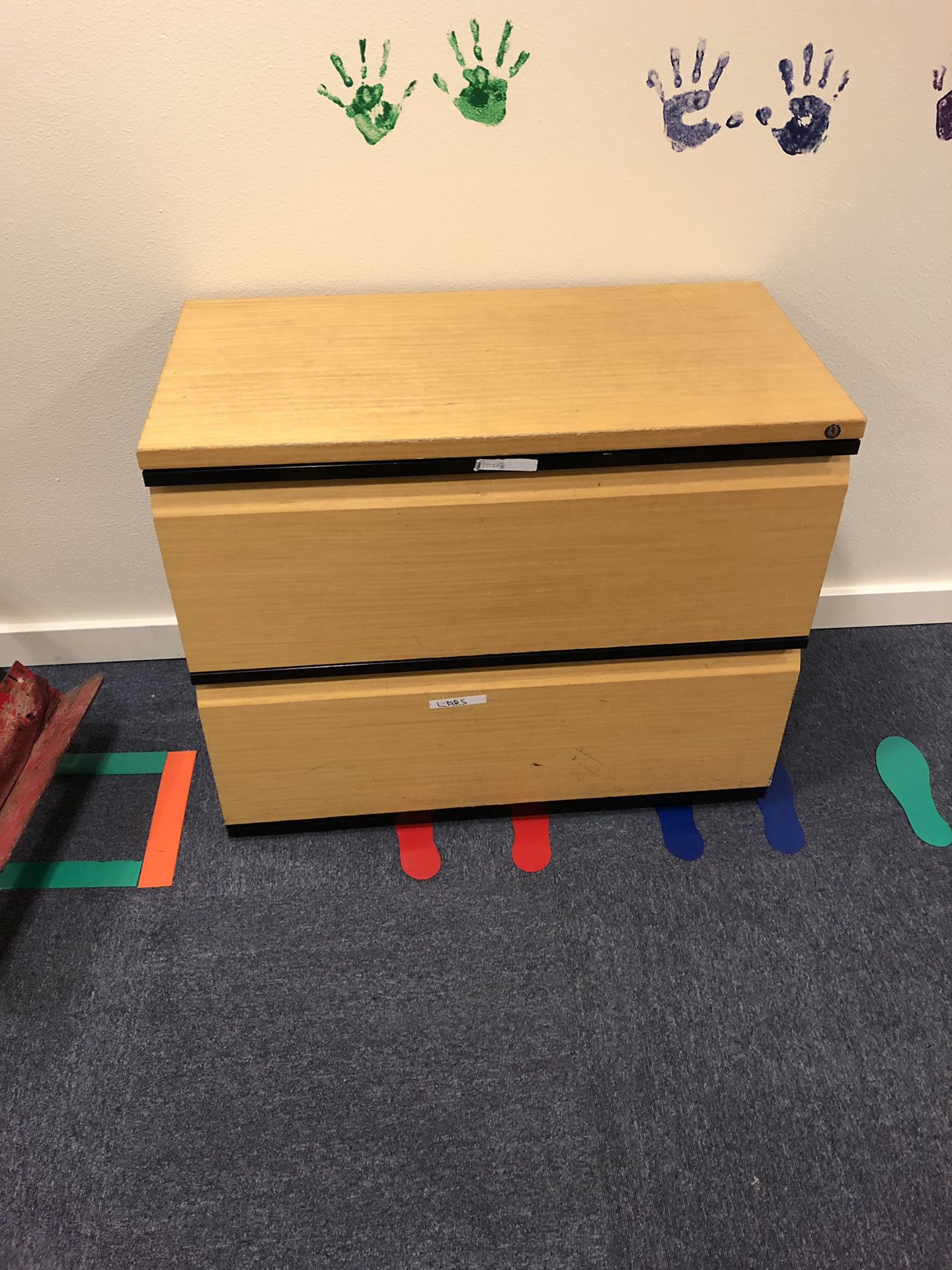 Two drawer filing cabinet wooden front and top