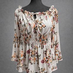 Floral Smocked Peplum Blouse Size L Off Shoulder Tie Neck Boho Top 