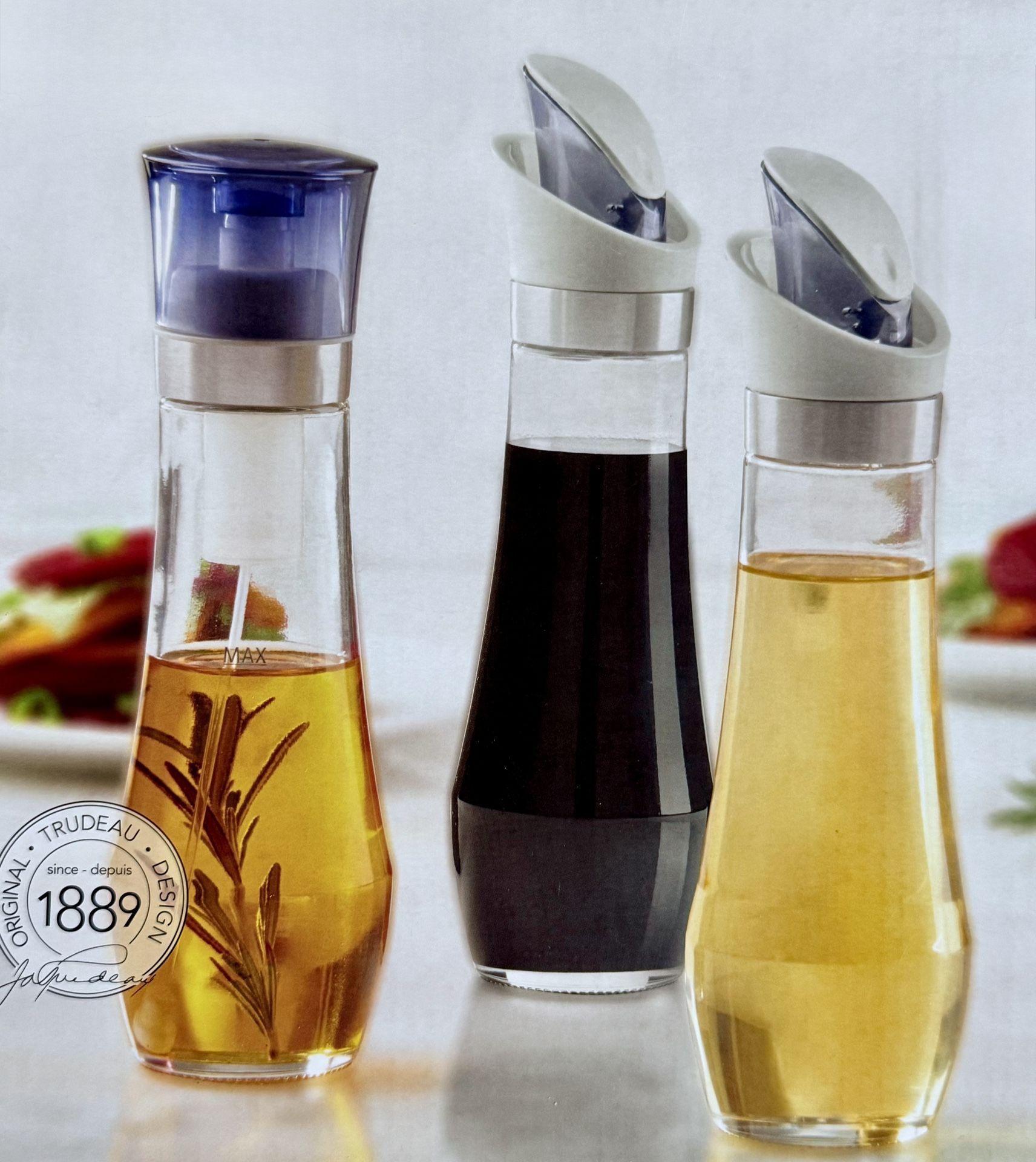 Trudeau 3-Piece Bottles Oil and Vinegar Spray Set Auto Close Lid Kitchen New