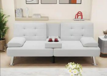Futon Sofa Bed Modern Folding Futon Set PU Leather Convertible Recliner Lounge for Living Room with 2 Cup Holders, Removable Armrests (PU Leather, Whi