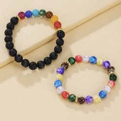 2pcs 7 Chakra Stone Bracelet With Lava Beads