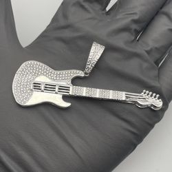 Solid 925 Sterling Silver Iced Electric Guitar Pendant