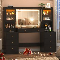 62'' Large Vanity Desk w/60000-color LED Lights, Tempered Glass Top, Power Outlet, Makeup Vanity Table w/ 3 Lights Mode Mirror, 9 Drawers, 2 RGB Cabin