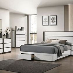 Brand New White & Grey 4pc Queen Bedroom Set (Available In California & Eastern King)