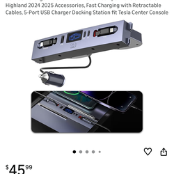 65W USB Charger Hub for Tesla Model Y Juniper 2026 & Model 3 Highland 2024 2025 Accessories, Fast Charging with Retractable Cables, 5-Port USB Charger