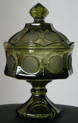 Fostoria Coin-Glass Olive-Green Open Jam/Jelly Dish and Wedding Bowl with Cover