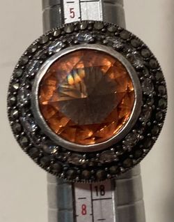 Vintage Sterling Silver Ring, Nice Big Size, Orange Sparkly Stones with Lots of Little Sparkly Stones, Size 6 1/2, Nice Design, Quality, Jewelry, Acce