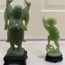 Pair of Green Jade-Style Chinese Figurines on Stands - Buddha & Scholar - Asian Decor
