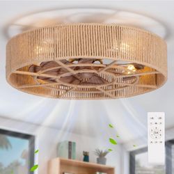 22" Rattan Boho Caged Ceiling Fan with Light Flush Mount Low Profile Living Room Bedroom