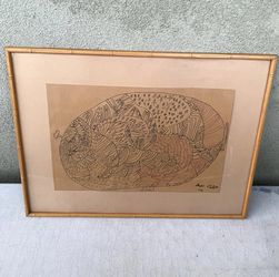 1978 Intricate Ink Drawing Signed Andi Delott Bamboo Glass Frame 25”x19”x1”