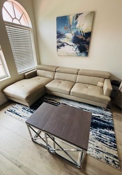 Beige Leather Sectional Sofa with Chaise- City Furniture
