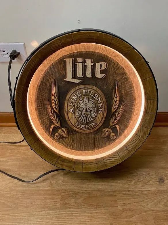 Vintage 1984 Illuminated Miller Lite Beer 16" Round Barrel Bar Sign