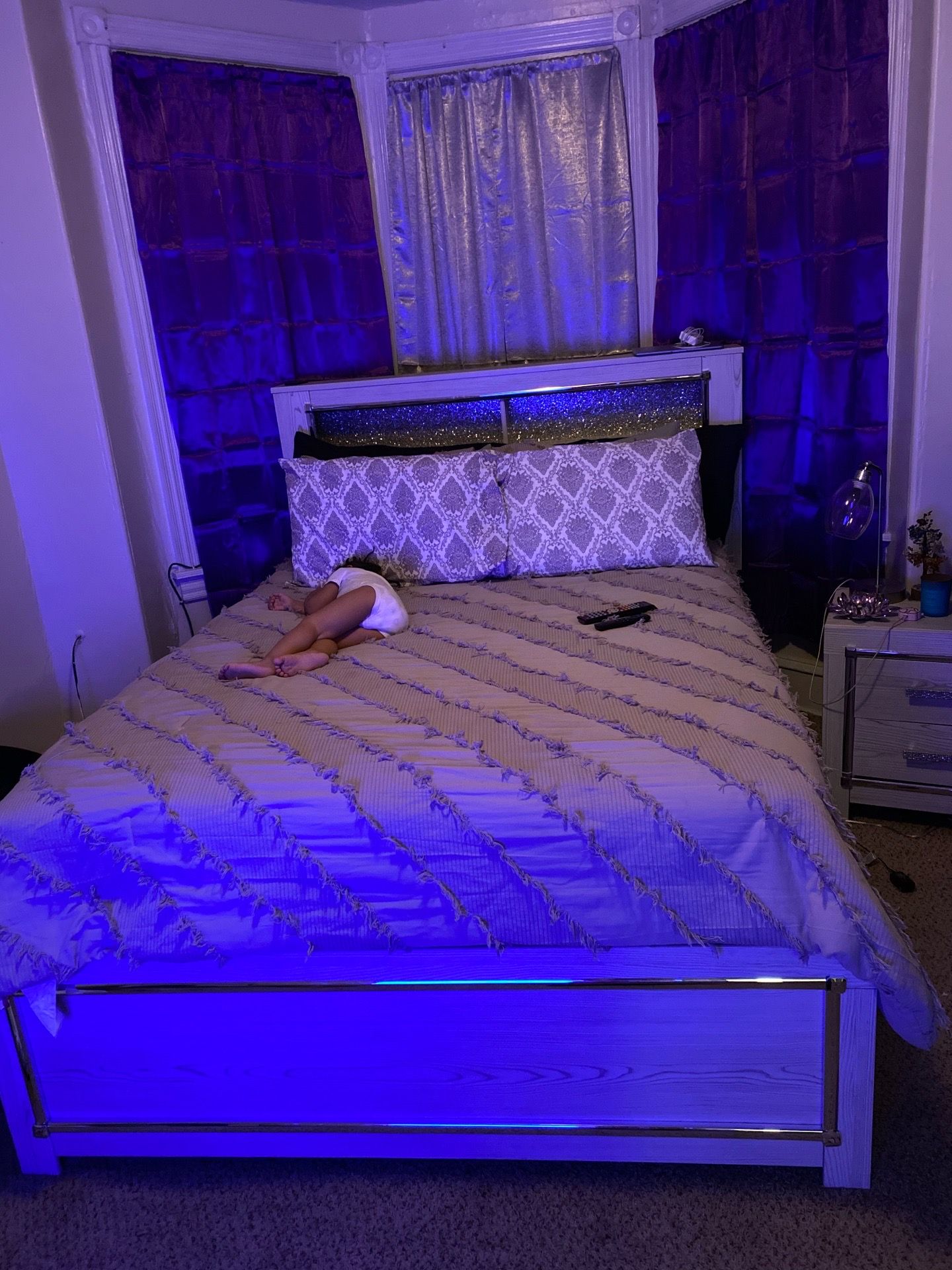 Bed and light-up bed frame available, along with a matching dresser and nightstand—perfect complete bedroom set.