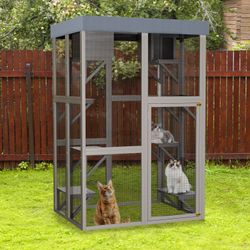 70.5＂ Tall Wooden Catio Outdoor Cat Enclosure, Gray Cat House Large Solid Wood Cage Playpen with 6 Jumping Platforms & 2 Napping Houses, Movable tarp 