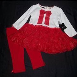 NWT Girls 6-9M White Red Tutu Skirt Dress & Leggings Christmas Outfit