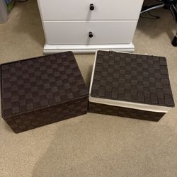 (2) Woven Storage Box with Hinged Lid & Liner Brown Organizer Basket