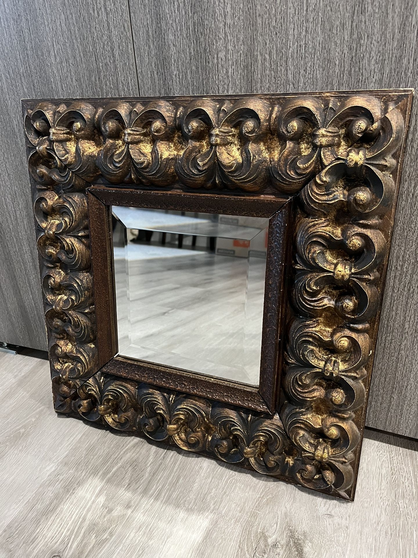 Heavy Beveled Mirror With Bronze Colored Wood Frame