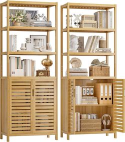 C485 $130  6-Tier Bamboo Book Shelves with 2 Door, Tall Bathroom Storage Cabinet Freestanding Natural Bamboo Cabinet, 67" Tall Cabinet w/Plant Stand f