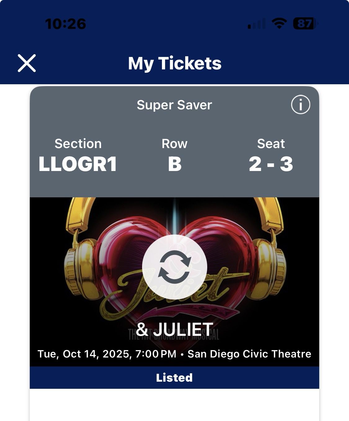 Juliet Tickets. Broadway SD.  Civic Theater 10/14. $200. 