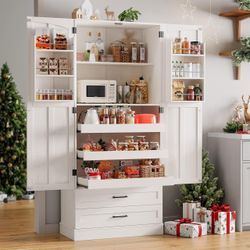 71" Kitchen Pantry Cabinet, 3 Pull-Out Shelf & 2 Drawer, Off-White