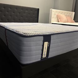 Brand new queen size bedframe and Sealy Posturepedic mattress 