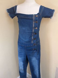 VIP Jeans Women's Blue Denim Jumpsuit Romper Off Shoulder Size 7/8 Zip Front