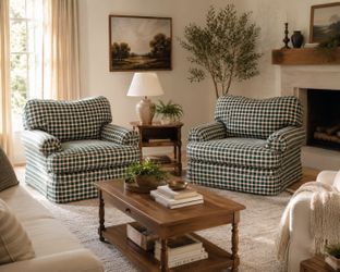 Green and White Plaid Upholstered Armchairs – Set of 2