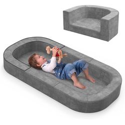 2-In-1 Toddler Travel Bed And Sofa For Children 1-3yr Old, Waterproof Folding Travel Bed With Carrying Bag, Grey