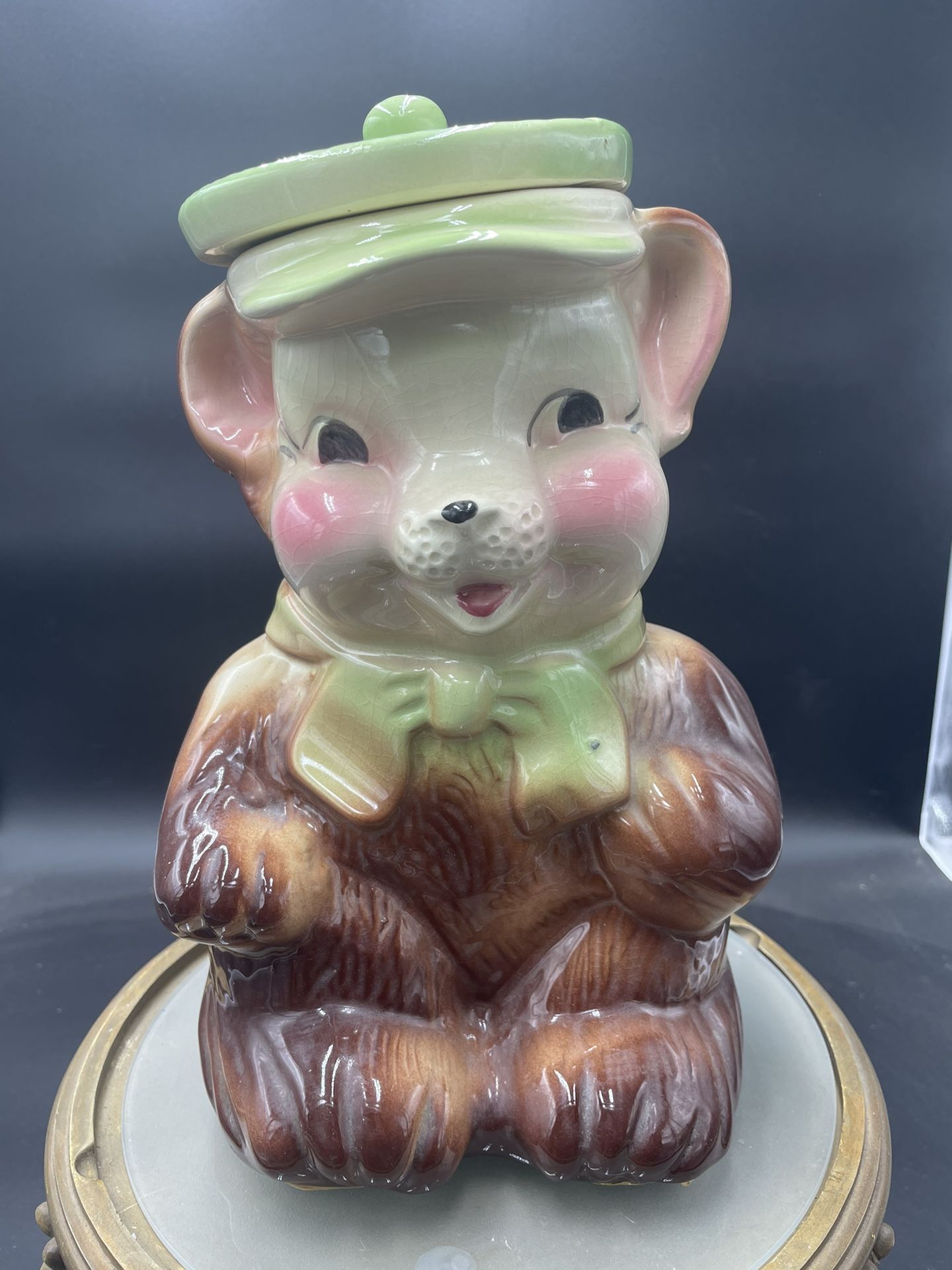 Vintage American Bisque Bear Cookie Jar With Green Scarf and Hat, 12" Tall