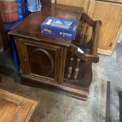 Vintage Solid Wood End Table With Magazine Holder