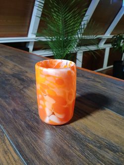 Hand Blown Art Glass Tumbler / Cup – Flame Orange Spatter / Frit (Signed "ABJ")