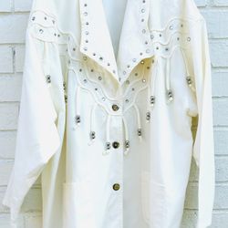 Vintage Glam ChicEmbellished Cardigan Button Light Adolfo Sport Jacket Ivory XL