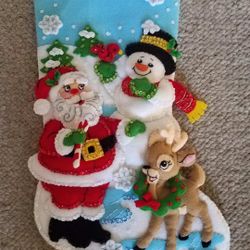 Bucilla Santa Deer Snowman Animal Trees Deer Rabbit Raccoon Sock Felt Appliqué Sequin Bead Christmas Stocking Sock, hand made, lined 