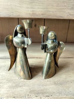 Two Vintage MCM Mid-century Modern Brass Angel Candle Holder Christmas Holiday Oval Base