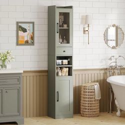 Tall Bathroom Cabinet with Drawer and Door, 71" H Slim Freestanding Narrow Storage Cabinet with Adjustable Shelves, Retractable Toilet Paper Rod, for 