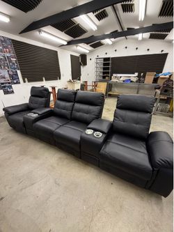 Home Theater Recliner Set — 5 Seats | Black Faux Leather | Cup Holders & Lighting