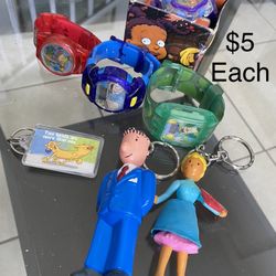 Various Vintage Rugrats And Krusty Clown Watches Doug, Catdog Key Chains 