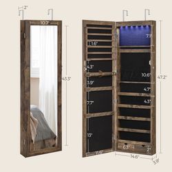 6 LEDs Mirror Jewelry Tall Lockable Wall or Door Mounted Jewelry Armoire Organizer