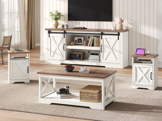 4 Piece Farmhouse Table Set: Coffee Table, 2 End Tables with Charging Stations, and a 66" TV Stand