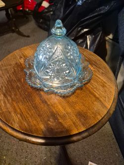 Blue Pressed Glass Butter Dish with Dome Lid