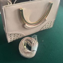 Blush Pink Studded Structured Handbag with Gold Handle & Crossbody Strap