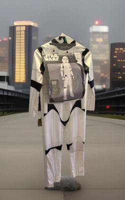 child's medium Star Wars Stormtrooper costume package containing a printed jumpsuit and a mask