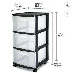Sterilite Storage Drawer, 3 Drawer Slim Plastic Storage Cart with Clear Pull Out Drawers, Black