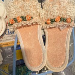 Vintage Slippers And Lacey Socks With Ribon Ina A Plastic Case