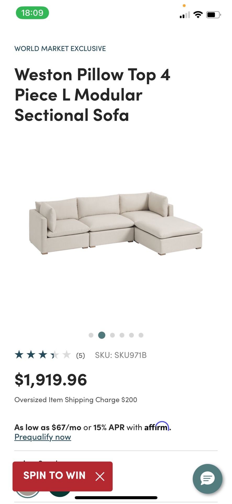 Small Sectional: Weston Pillow Top 4 Piece Modular Sectional Sofa