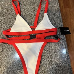 Fashion Nova Swimsuit Bikini White And Red New Medium 