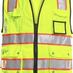 PACIFIC PPE Safety Vest for Men, Reflective Strips with 10 Pockets & Zipper -NWT