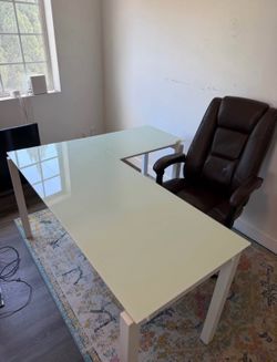 Brown Leather Executive Office Chair with Footrest & Back Massager & White L-Shaped Glass Desk